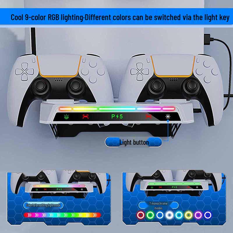 PS5 Wall Mount Kit: Console Bracket, Elite Controller Charger, Headphone Hanger, RGB Lights