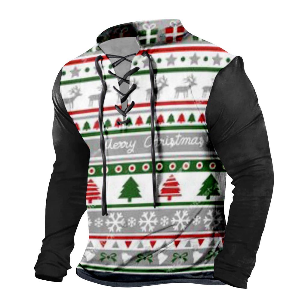 Men's Fashion Casual Printed Long Sleeve Bandage Retro Shirt Top Blouse