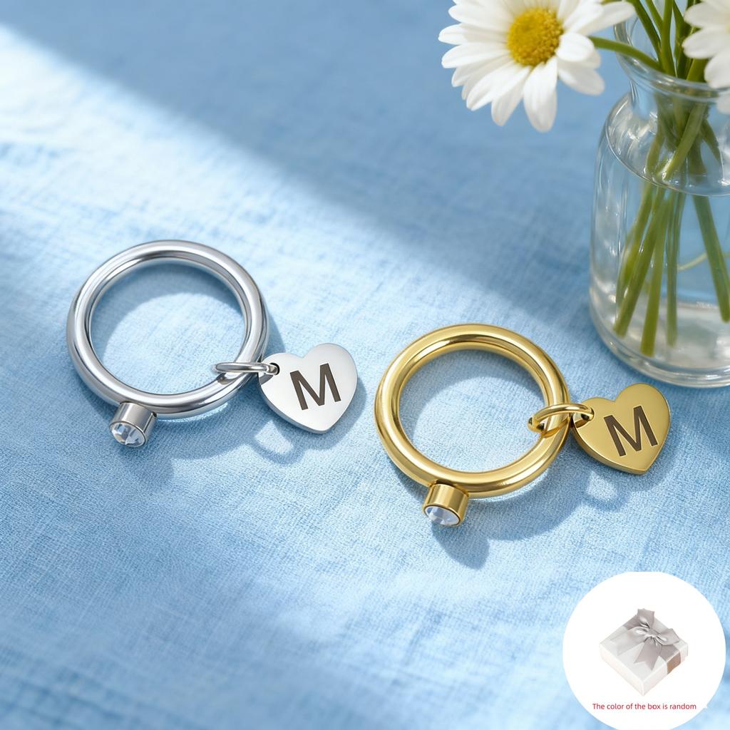 Customized A-Z Initial Love Pendant Ring Stainless Steel Personalized Letter Number and Symbol Heart shaped Water Diamond Ring
