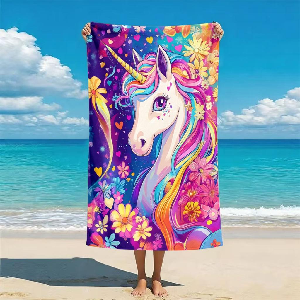 Kids Unicorn Beach Towel, Super Absorbent Quick Dry Microfiber Towel, Cute Cartoon Unicorn Print Sandproof Blanket for Girls