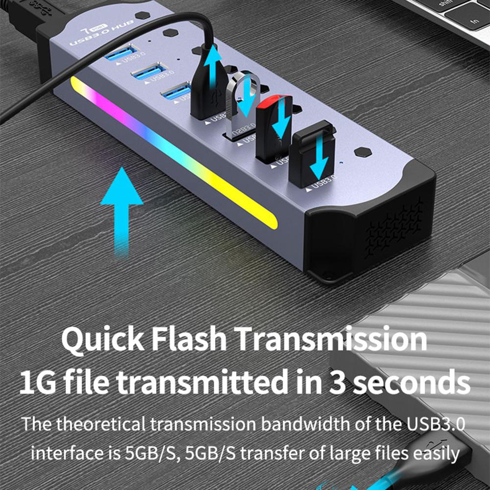 

YX-H307 7 Port USB 3.0 Hub with Individual On/Off Switches and Lights 5Gbps Data Transfer for Laptop/PC As Shown A
