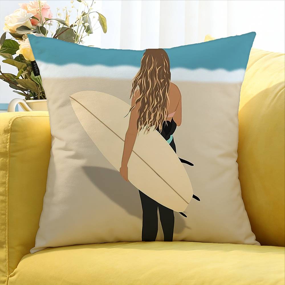 Surfboard Surfing Art Surf Girl Various Sizes Square Pillow Case For Car Home Bedchamber Decor
