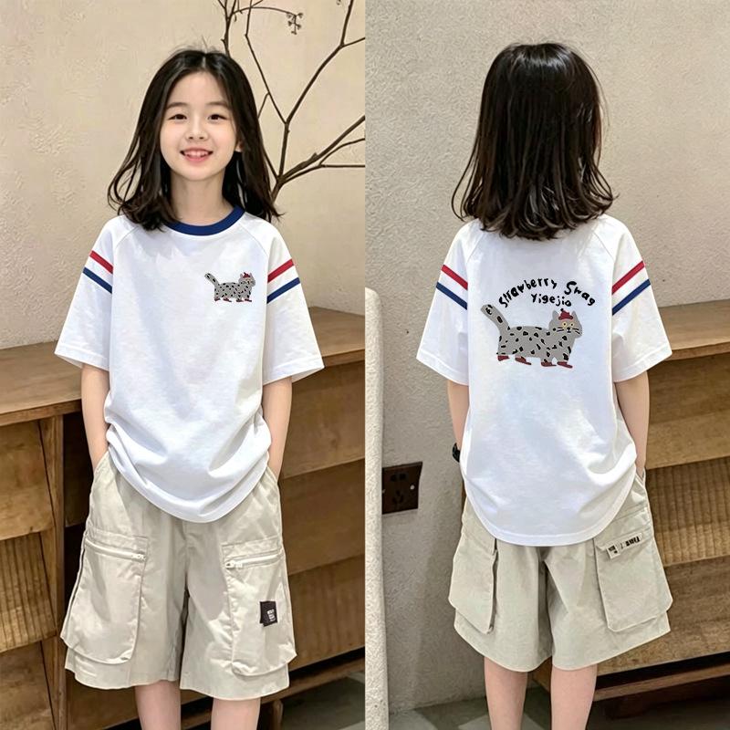 Summer Korean Style Color Block Loose T-shirt for Girls Aged 6-12 - Short Sleeve and Versatile