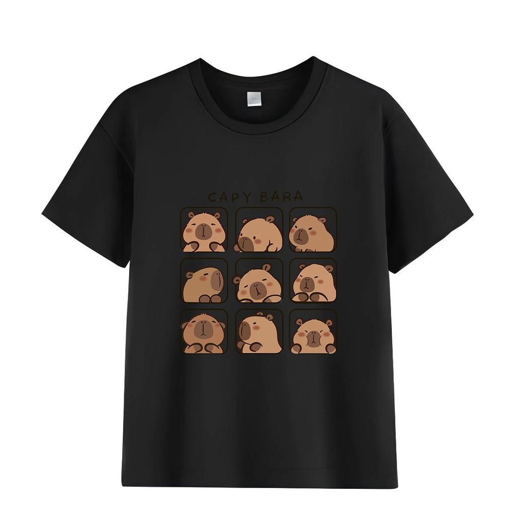 Capybara Kids Summer Cartoon Print T-Shirt 100% Cotton Short Sleeve Crewneck Casual Top for Girls Fashion Tees