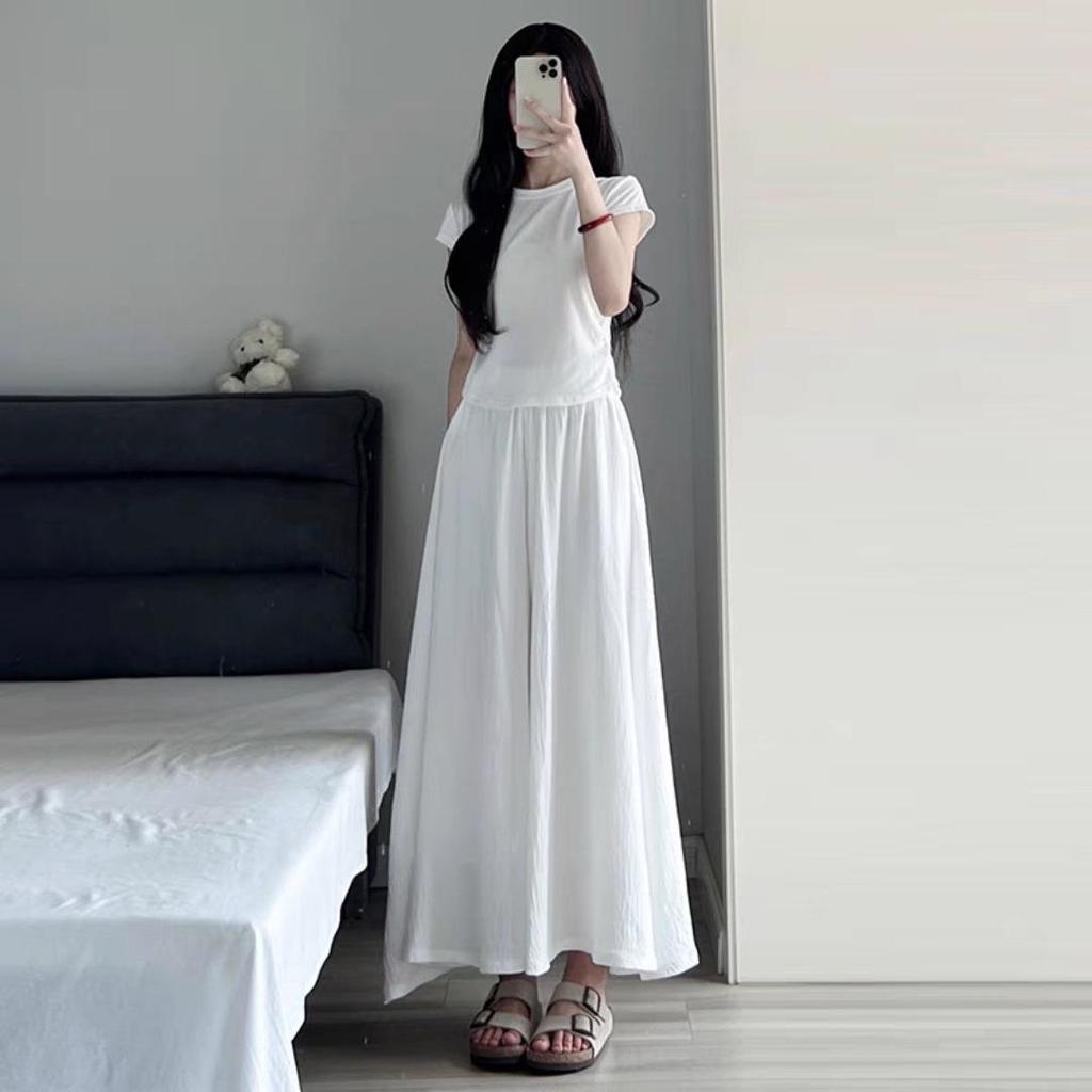 Ice Silk Off-White Pleated Culottes: Women's High-Waisted A-Line Midi Skirt