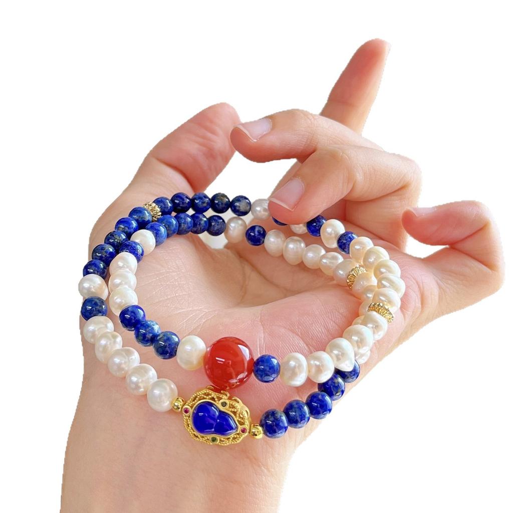 4Mm Natural Lapis Lazuli Freshwater Pearl Chalcedony Multi-Circle Design Bracelet Bracelet