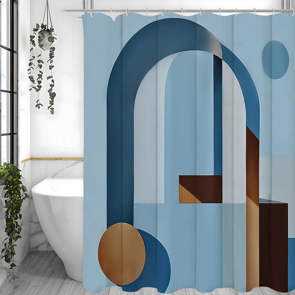 Abstract Geometric Arch Round Blue Shower Curtain, Bathroom Decorative Shower Curtain, Waterproof Shower Curtain with Hooks