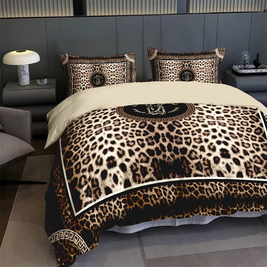 2/3-teiliges Bettwäsche-Set mit Leopardenmuster, 3D-Druck, inklusive 1 Bettbezug + 1/2 Kissenbezüge, Bettbezug-Set Queen/King-Size