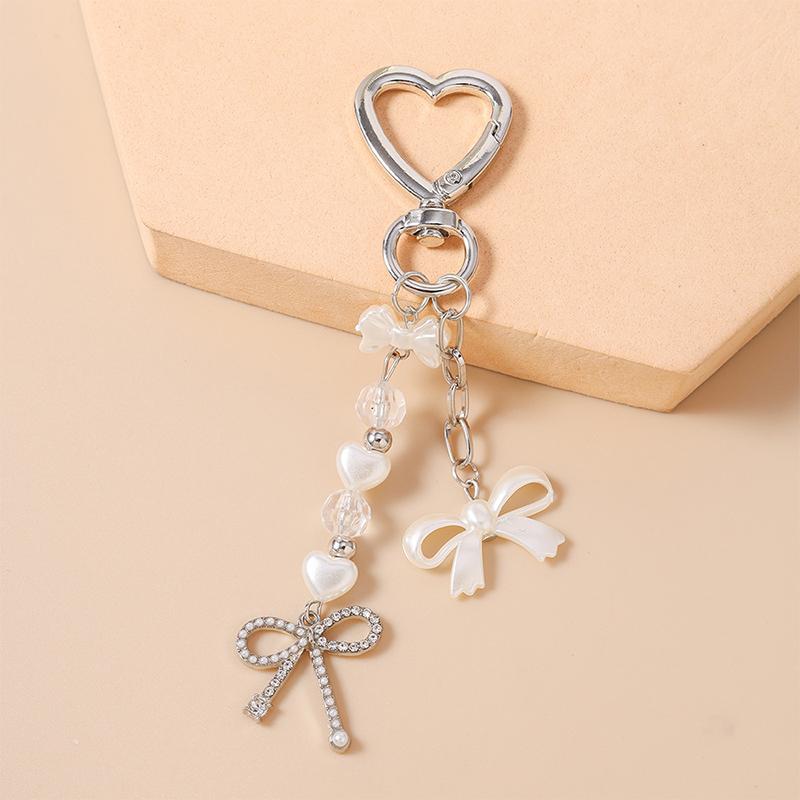 Cute Bowknot Love Heart Keychain Crystal Pearl Key Ring Pendants For Women Girls Handbag Decor Diy Handmade Key Chain Gifts