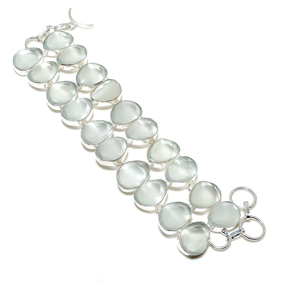 Natural White Chalcedony Gemstone 925 Sterling Silver Bracelet 7-8" Q4l77