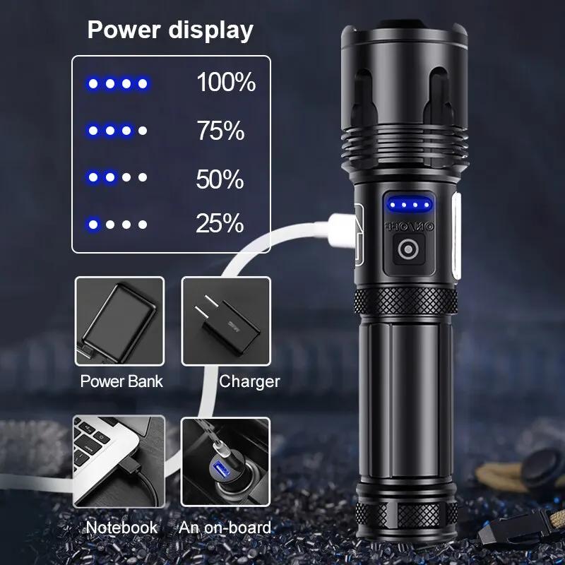 Powerful LED Flashlight XHP120 Rechargeable Portable Tactical Torch Super Bright Camping Outdoor Search and Adventure Flash Lamp