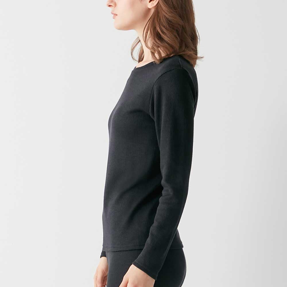 Gunze HOTMAGIC MH8446 Long Sleeve Cotton Warm Inner Rib Black Women's T-Shirt, Blend, Moisture-Wicking, Heat-Generating, Material,