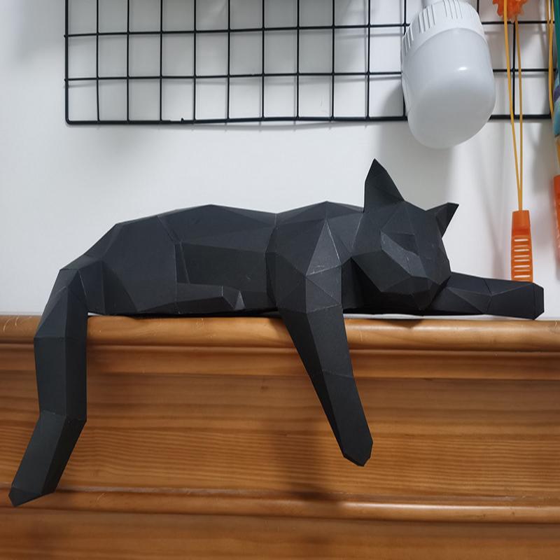 Black White Cat Statue - Geometric Modern Room Decor Figurine Sculpture For Home Office As Table Shelf Desk Decor Lying Cat