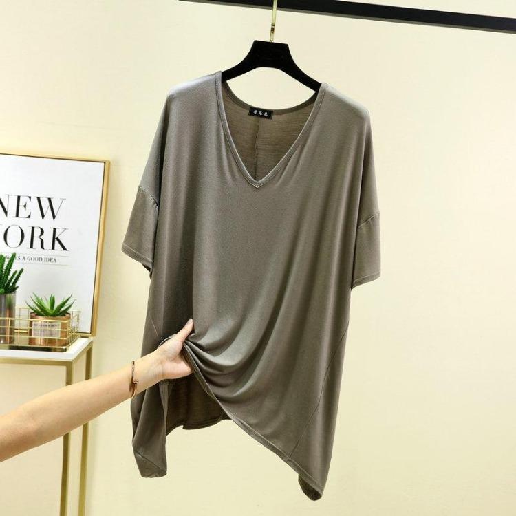 

Летняя Легкая Модальная Свободная Футболка с V-образным Вырезом Однотонный Топ Большого Размера Рукав Пять Четвертей L