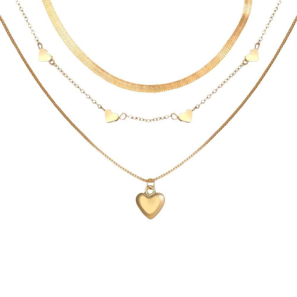 Women's Retro Geometric Heart Necklace with Snake Bone Chain - Three-dimensional Layered Design