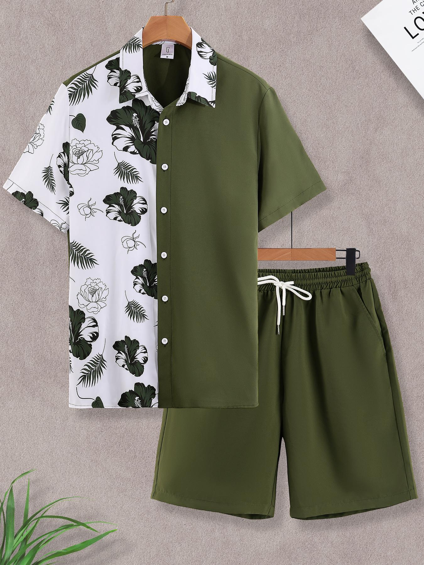 

Men s Color Block Cool Style Set, Half Floral Print Short Sleeve Shirt Army Green Shorts S