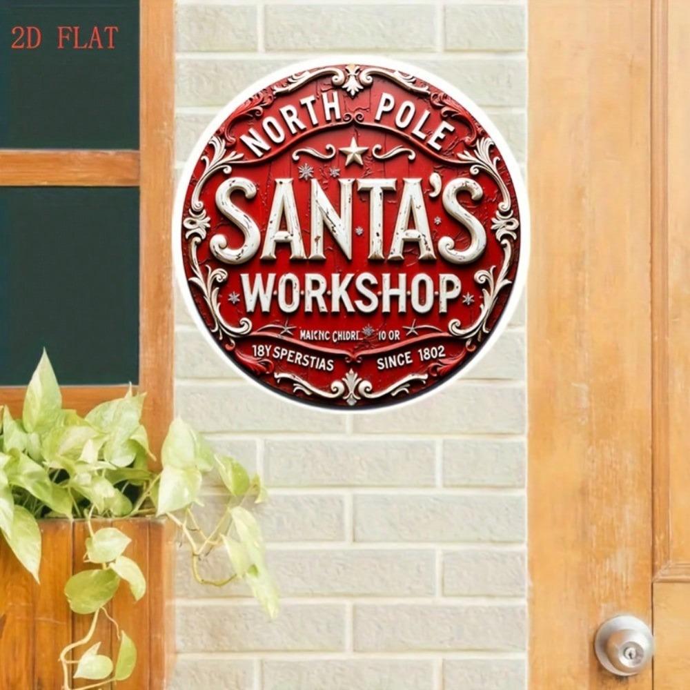 Santa Workshop Metal Tin Sign Vintage Christmas Wall Art North Pole Round Decor