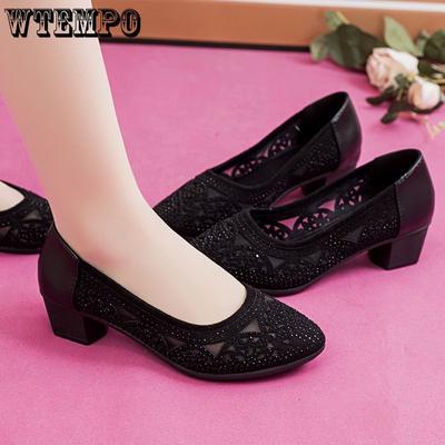 Women's Sandals Mesh Hollow Design Rhinestone Decoration Soft Leather Women's Sandals Anti Slip Soft Sole Breathable Commuter High Heels