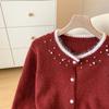 Bead craftsmanship heavy industry thin temperament sweater cardigan women autumn and winter sweet on