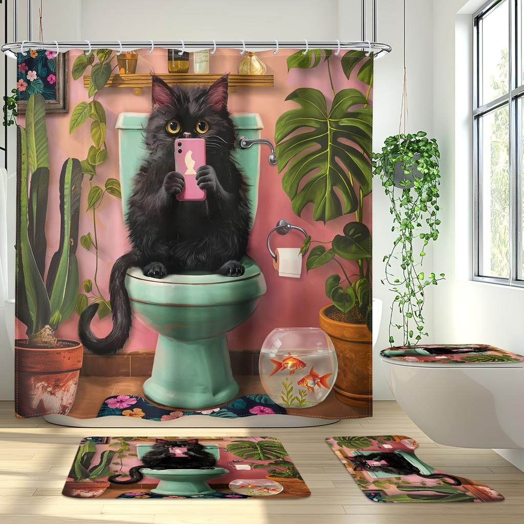 4-teiliges lustiges schwarzes Katzen-Duschvorhang-Set mit rutschfester Badematte, Toilettendeckelbezug, Kontur-Teppich & 12 Haken, Badezimmer-Dekoration