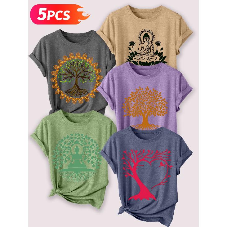 Zen-inspirierter Baum des Lebens Lotus Meditation Künstlerischer Druck Fünfteiliges Set von kurzärmeligen Damenoberteilen Elegante Sommerparty-Outfits Wesentliche Mode