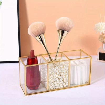 1Pc Compartment Organizer - Makeup Brush Holder - Modern Style Brass and Glass Storage Box, Stationery Storage Box