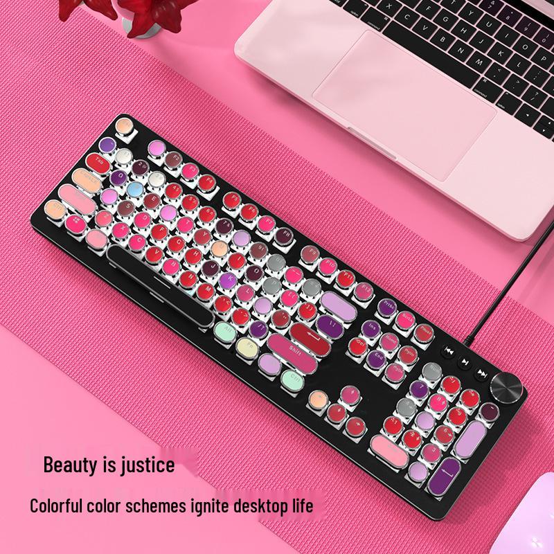 

Steampunk Retro Round Mechanical Keyboard with 104 Lipstick Color Keycaps