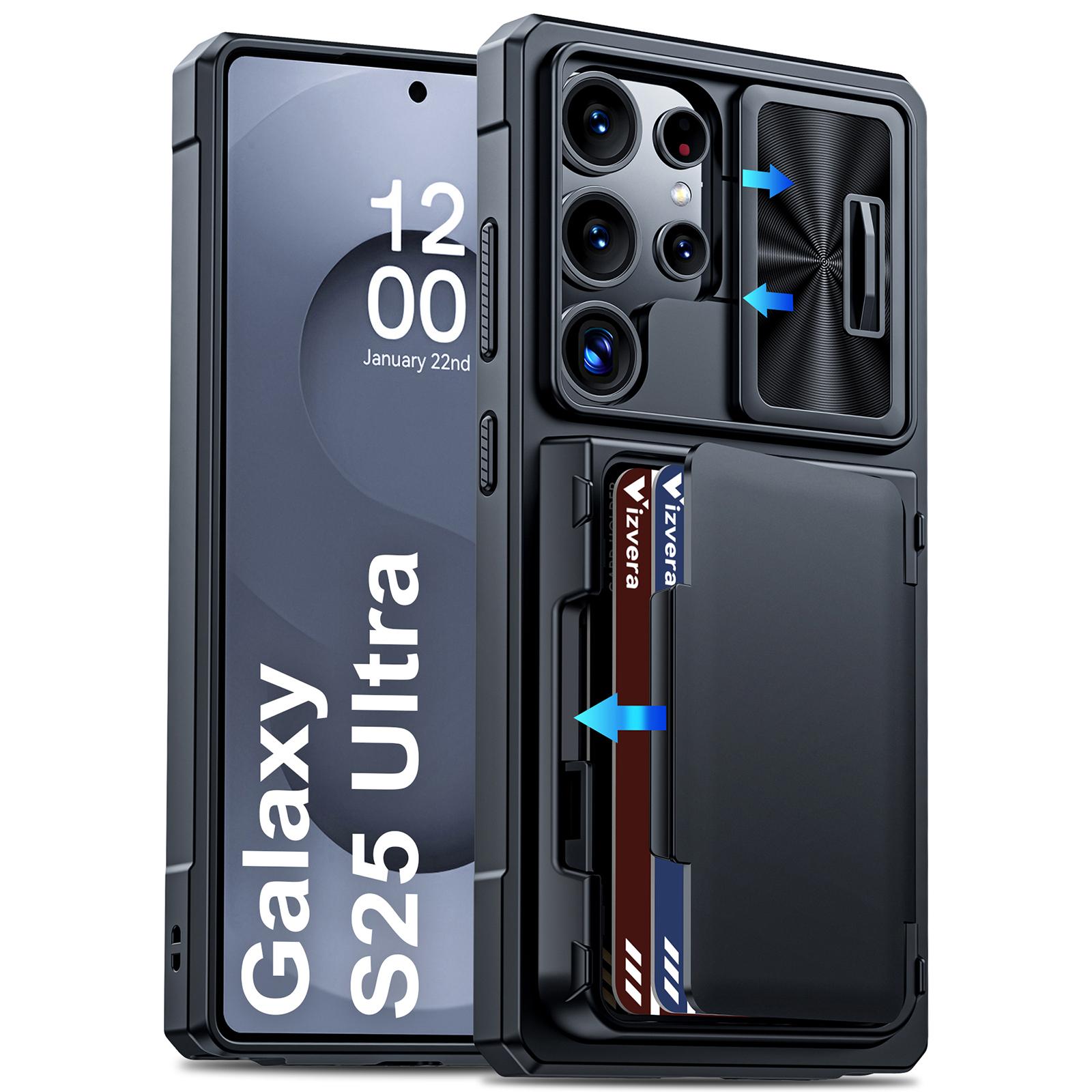 Чехол-кошелек для телефона Samsung Galaxy S25 Ultra с держателем для карт, выдвижной крышкой для камеры и подставкой-синий чёрный