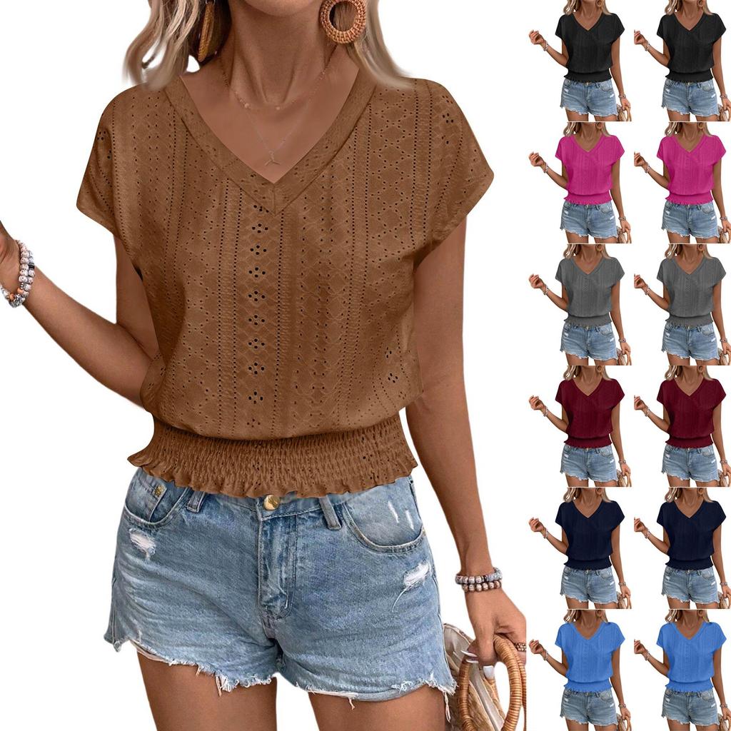 Women's Fashion V-neck Solid Color Hollow Short Sleeve Top T-shirt Summer