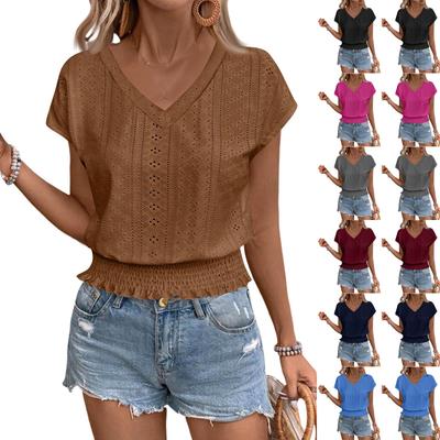 Women's Fashion V-neck Color Hollow Short Sleeve Top T-shirt Summer