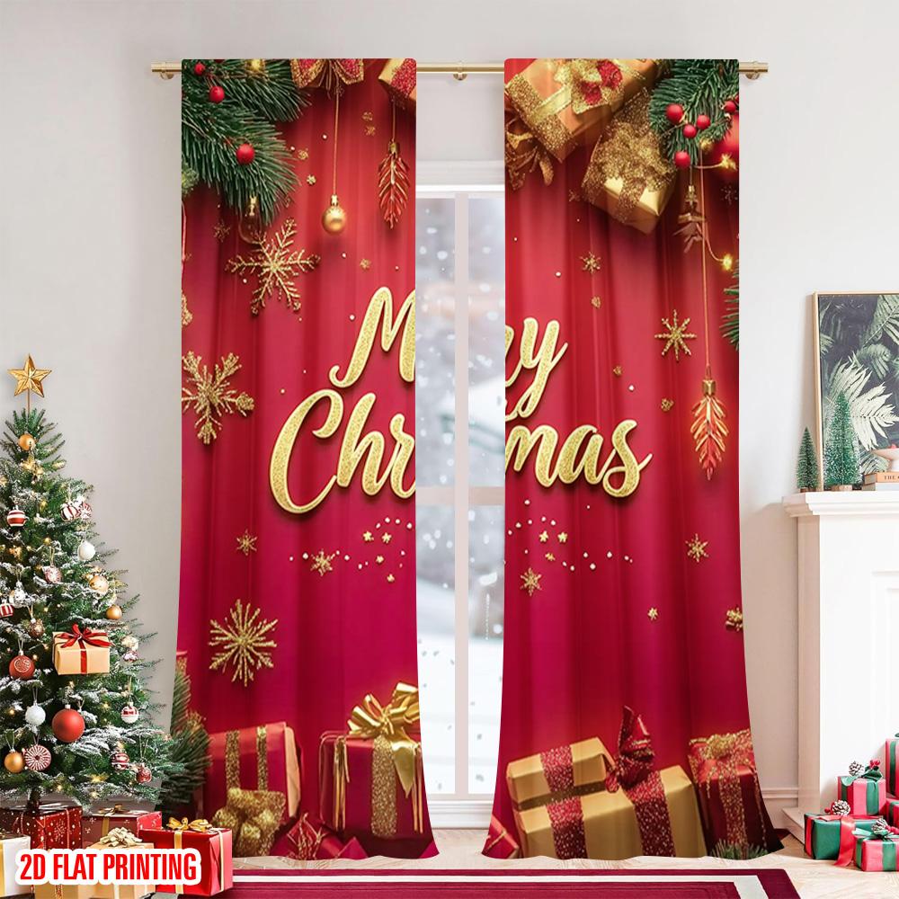 Set Of 2 Flat Printing Christmas Scene Curtain Merry Versatile Fabric Without Electricity Festive Wall Decor Use Polyester