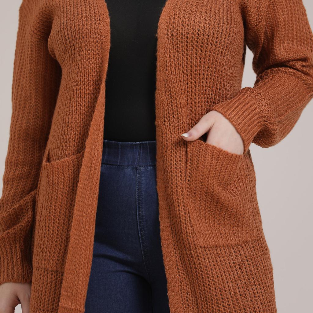 Autumn and Winter Large Size Women's Pocket Knitted Cardigan Mid-Length Sweater
