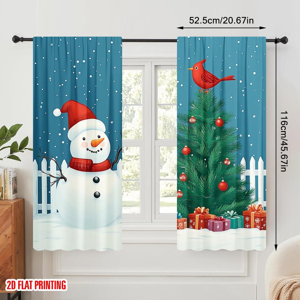 2pcs,2D Plane Printing Minimalist Curtains Cute Snowman Cardinal Christmas Tree Versatile Polyester (without Rod) Gifts Use for
