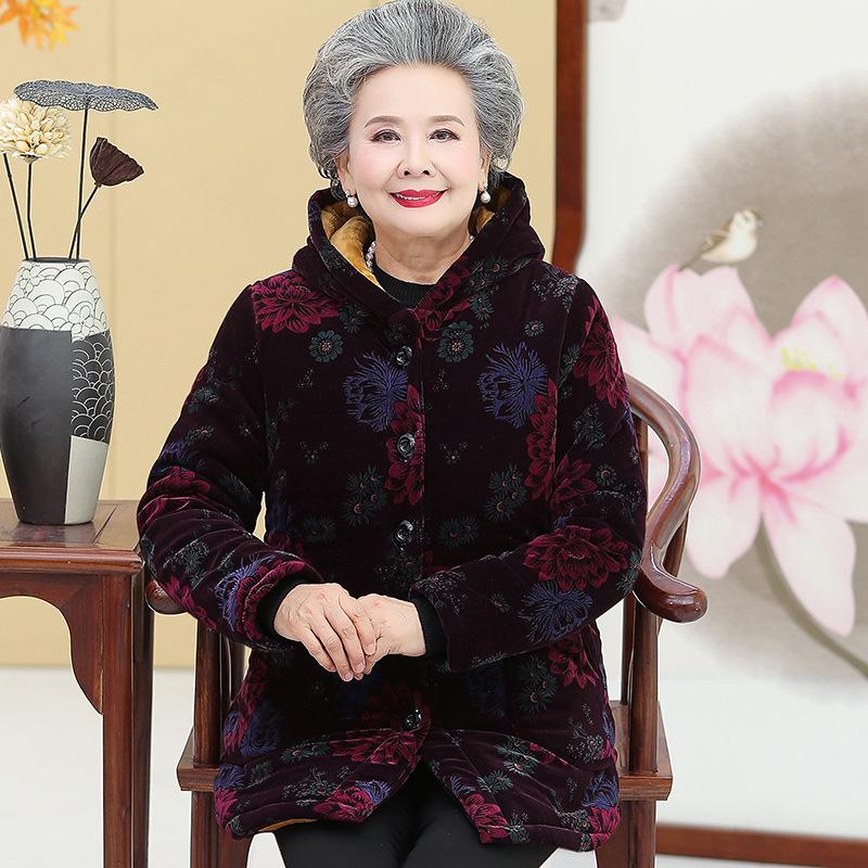 

Grandma s Winter Hooded Cotton Jacket: Thickened Outerwear for Middle-Aged and Elderly Women, 70s-80s Style. XL [Recommended up to 90-105 lbs]
