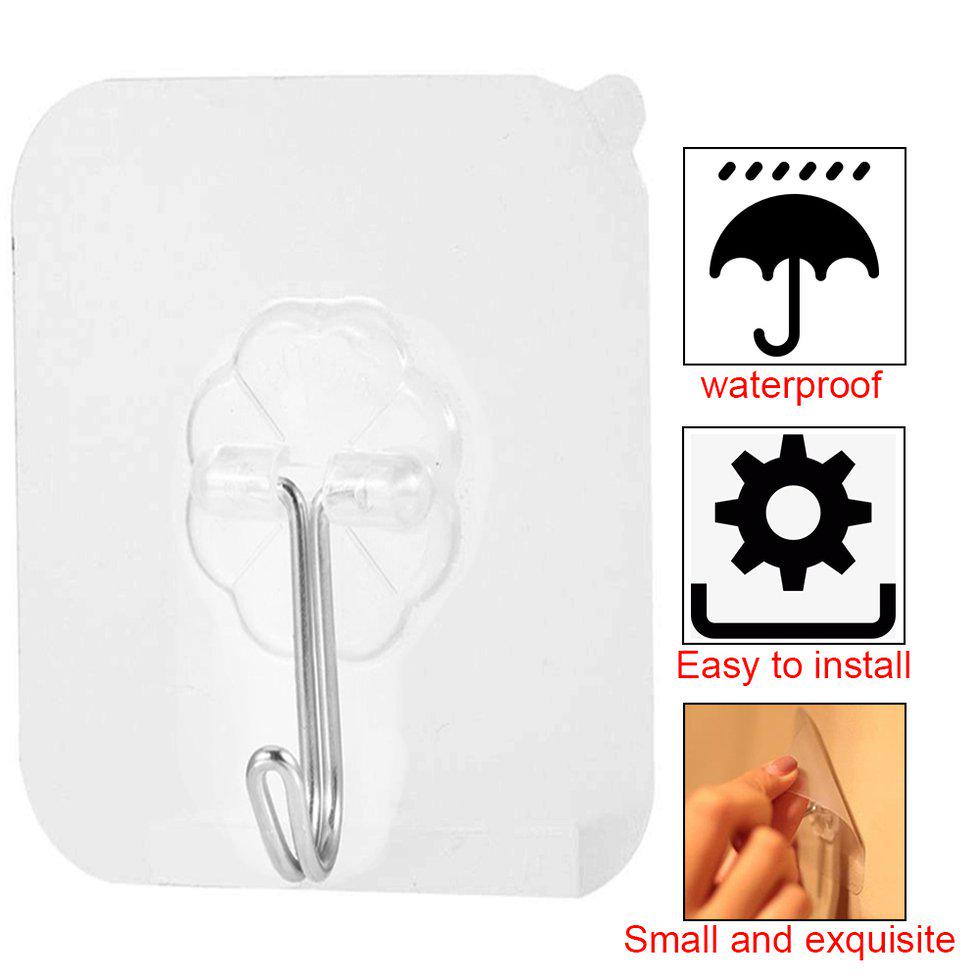 Seamless Adhesive Waterproof Transparent Hook Load Bearing 10kg Wall Hook Kitchen Bathroom Wall Hanger Organizer
