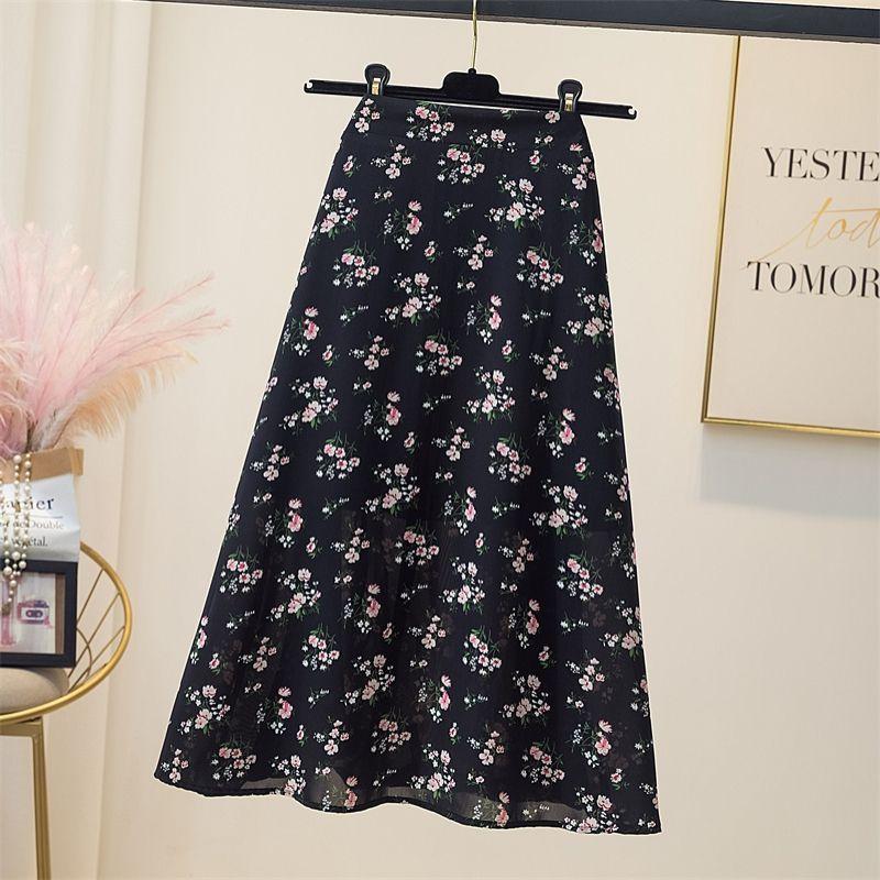 Falda Midi Floral para Mujer en Verano Falda de Cintura Alta en Forma de A Moda Falda de Gasa Versátil