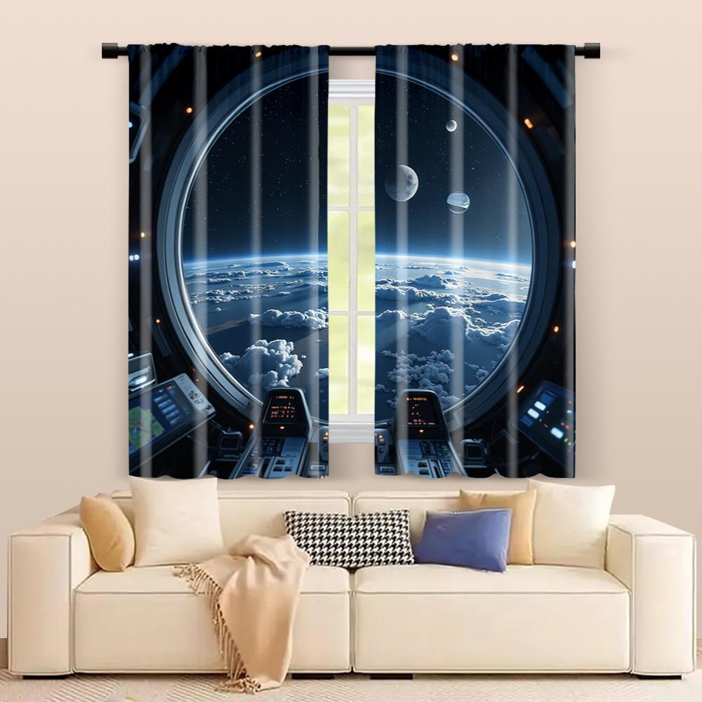 2 Pcs   Filtering Curtains (excluding Rods   Non-movable   Without Batteries) Sci-fi Space for Use In Bedrooms and Living Rooms