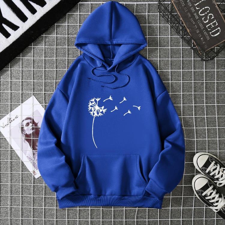 

Fleece Sweater Hoodie for Women with Kangaroo Pocket Drawstring and Plant Print S