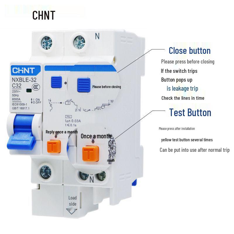 Chint 2P MCB Circuit Breaker with Air Switch, 220V RCD, 32A/63A, for Three-Phase Household Electrical Protection