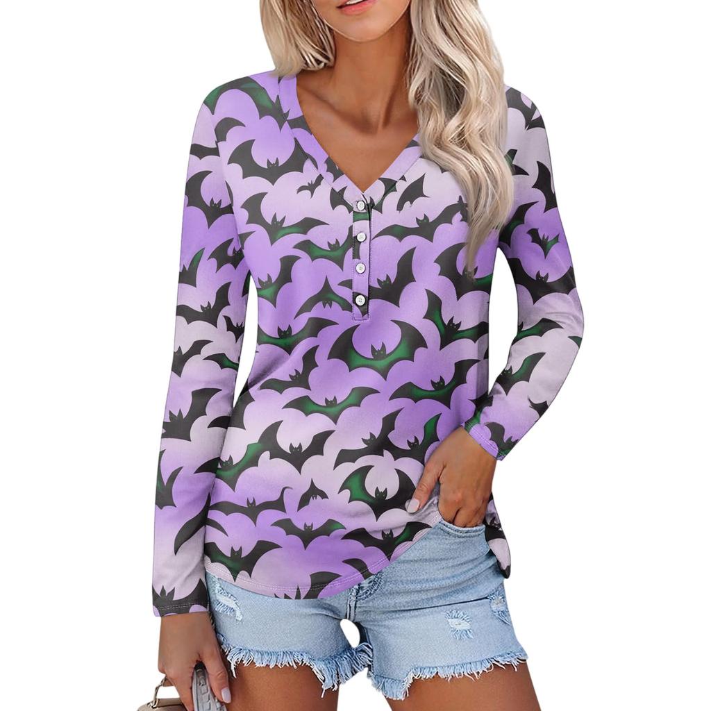 Women's Casual Fashion Sexy Comfort Halloween Printed V-Neck Button Long Sleeve