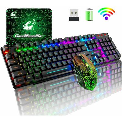 Wireless Gaming Keyboard And Mouse Combo With Mouse Pad, LED Backlit Rechargeable Battery Mechanical Ergonomic Feel 7 Color Backlit Mute Mice