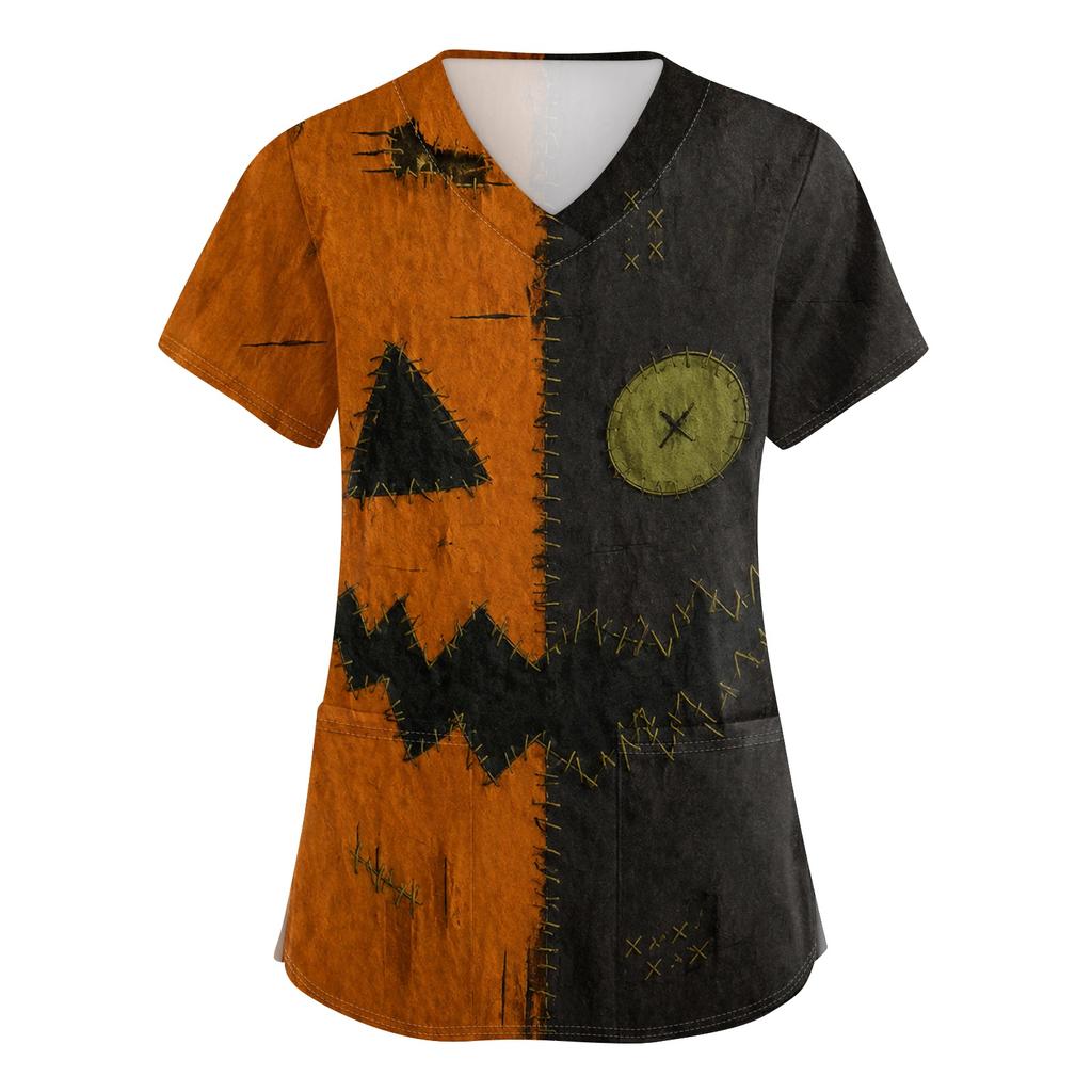 Women V Neck Halloween Print Short Sleeve Medical Scrub Top with Pocket Side Slit Workwear Uniform Shirt for Healthcare Professionals
