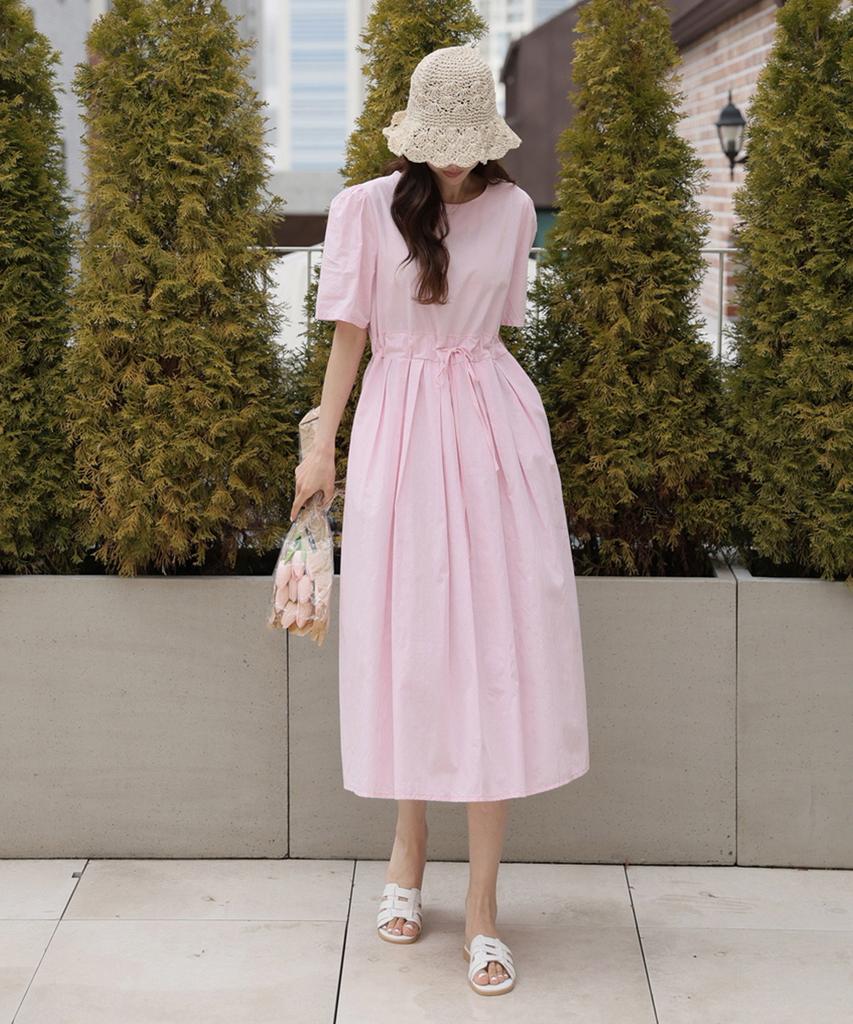 Ppaeppae Round Neck Waistline Pintuck Pleated Short Sleeve Long Dress