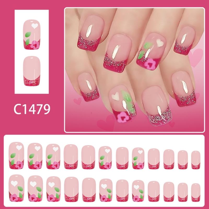 24Pcs Valentines Glitters Sparkling Heart French False Nail Short Square Press On Nail Pink Blush Flame Design Easy Application Multiple Sizes
