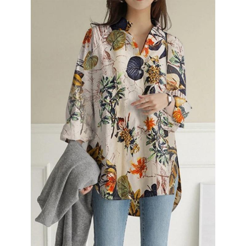 Women Plus Size Tropical Print V Neck Shirt 3/4 Sleeve Loose Casual Blouse S хаки