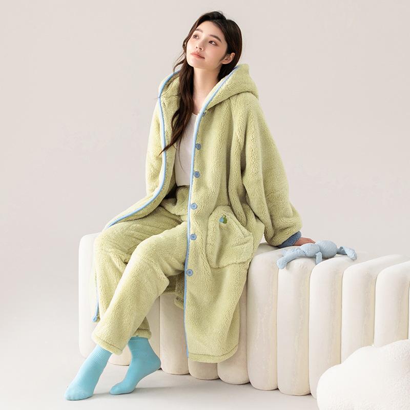 Women's Cute Hooded Coral Fleece Pajama Set - Flannel Long Robe for Autumn/Winter