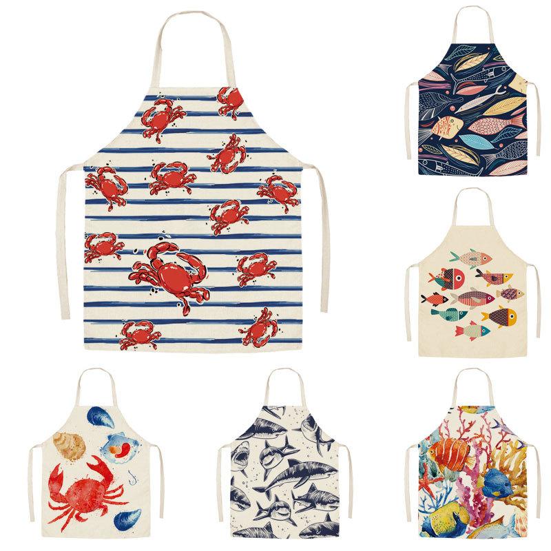 1Pcs Kitchen Apron Cartoon Whale Printed Sleeveless Cotton Linen Aprons Men Women Home Cleaning Tools 55*68cm