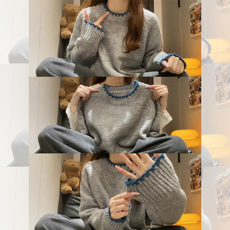 Women's Grey Color Block Loose Knit Sweater - Korean Style, Round Neck, Soft & Cozy for Autumn/Winter
