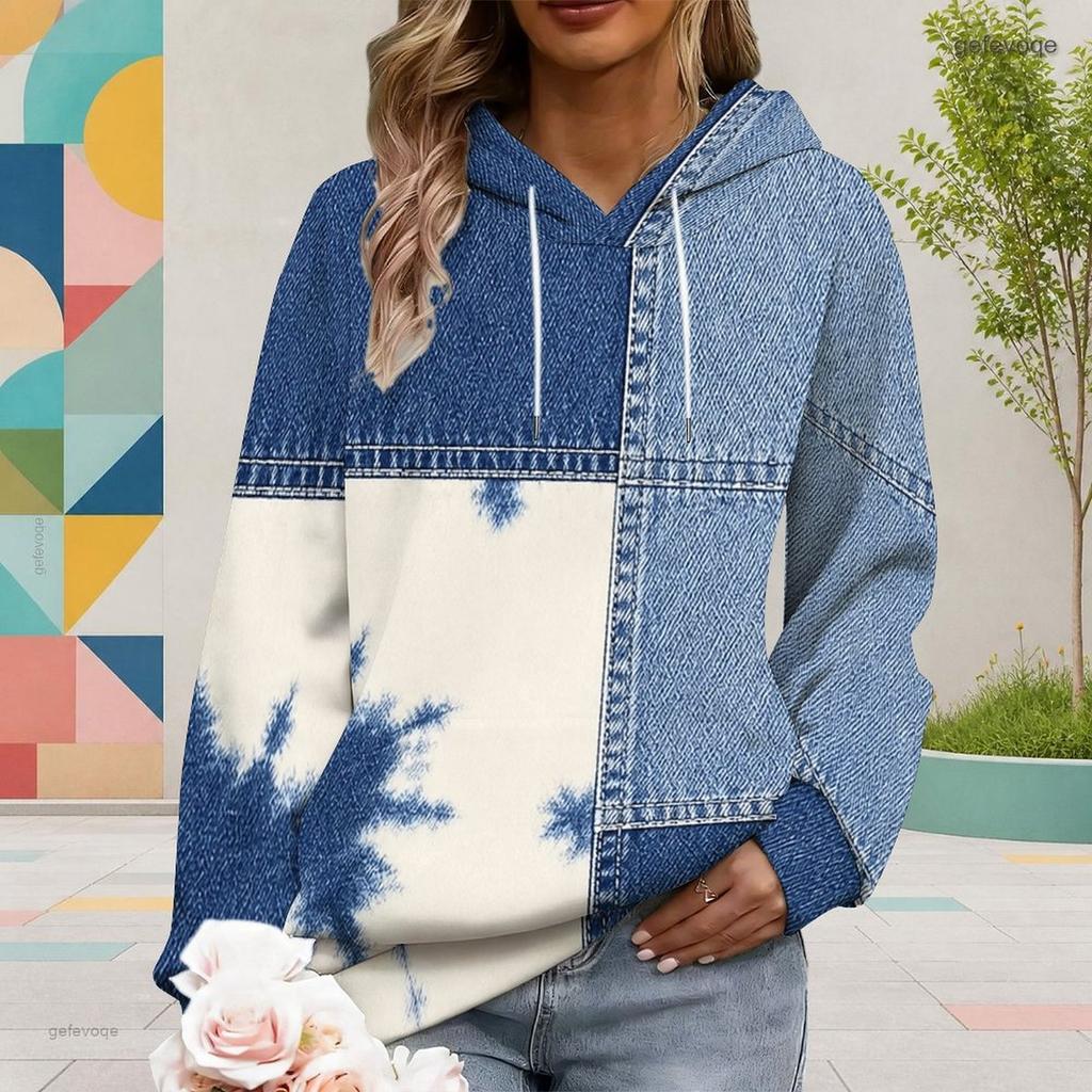 Women Plus Size Navy Blue Printed Long Sleeve Drawstring Hoodie With Kangaroo Pocket