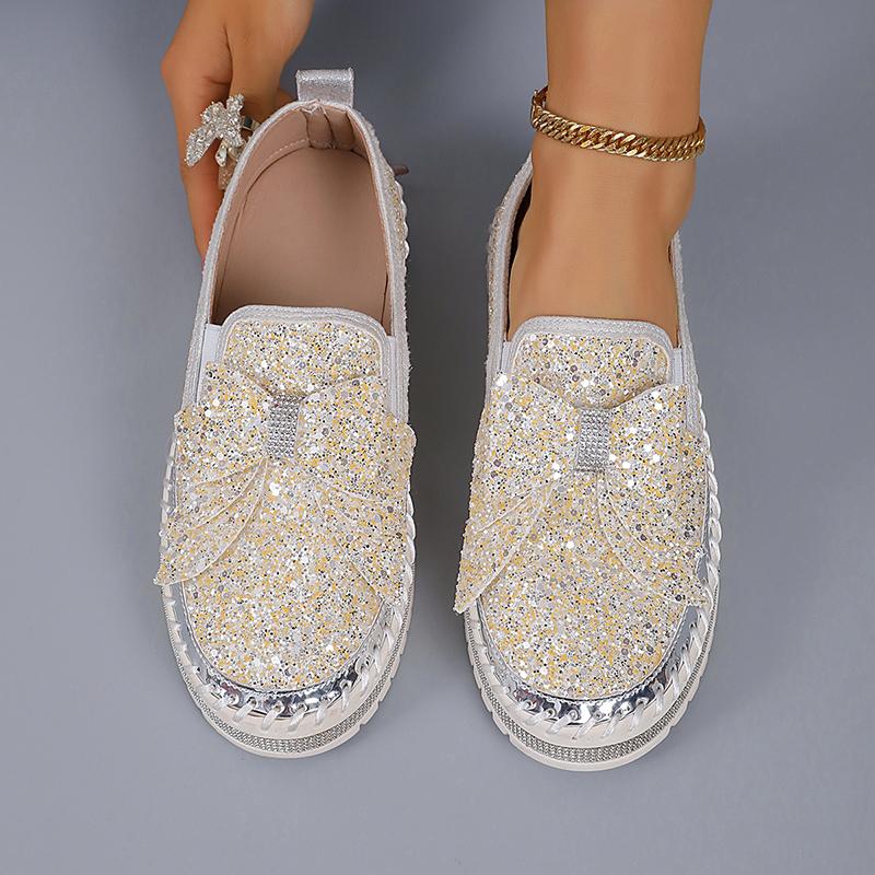 Fashion Women's Gold Silver Bowtie Sequin Flats Shiny Crystal Thick Sole Platform Loafers Ladies Light Comfort Non Slip Casual Shoes